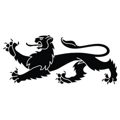 Black silhouette of a heraldic lion passant for medieval crests and royal emblems featuring sharp claws and a long mane © Manifesti