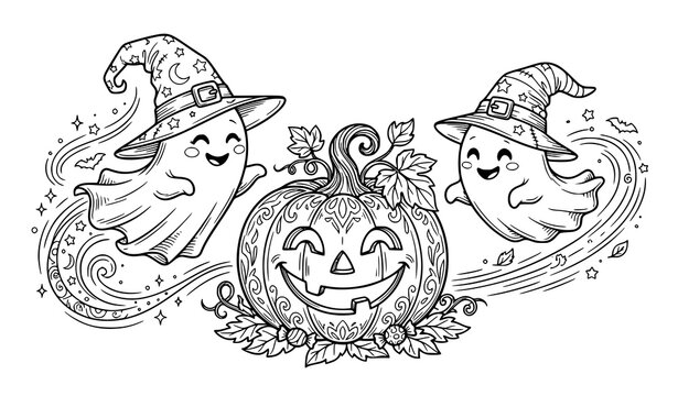 Whimsical halloween ghosts with witch hats and giant pumpkin coloring book vector scene playful outline illustration