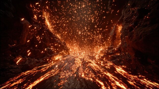 Intense volcanic eruption spews glowing molten material and fiery sparks into dark cavern confines