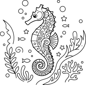 Decorative Zentangle Seahorse Coloring Page with Underwater Elements
