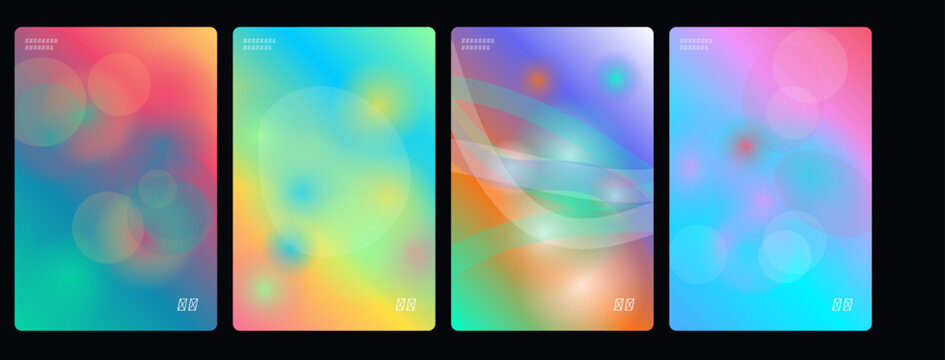 Vibrant abstract backgrounds, colorful gradient textures, neon light effects, modern design elements, 4-panel vector set