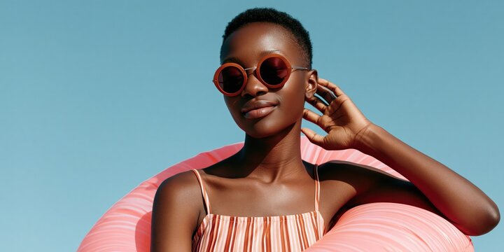 Confident woman wearing round sunglasses with pink inflatable ring against clear blue sky for summer fashion banner