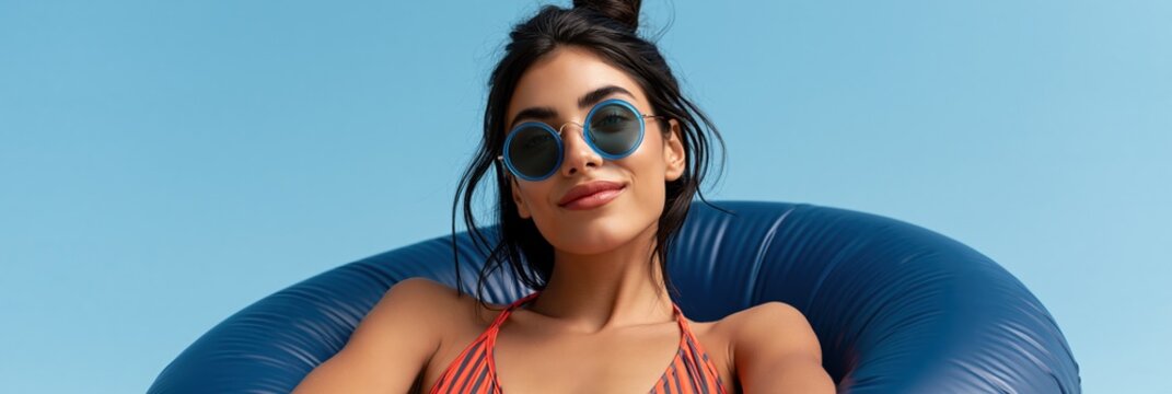 Woman wearing sunglasses on inflatable ring against blue background for summer vacation banner and lifestyle promotion