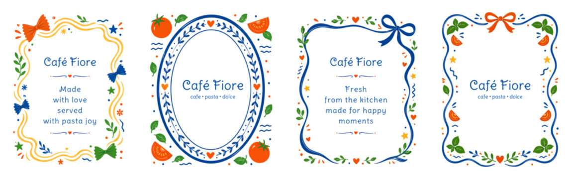 Watercolor cafe label and menu frame collection with tomato, basil, citrus accents, bows, borders and playful restaurant lettering. Vector illustration
