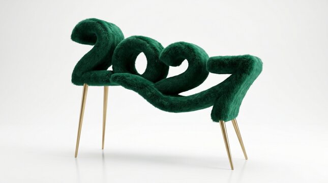 Three dimensional numbers 2027 crafted with dark green fur texture standing on four slender golden metallic legs isolated on white background sculpture installation contemporary minimalist