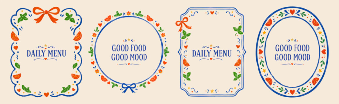 Watercolor daily menu frame collection with good food quote layouts, tomato slices, basil leaves, bows and folk style borders. Vector illustration