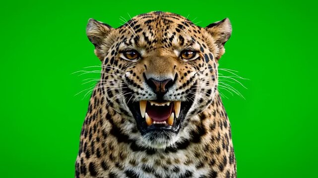 Close-up of a fierce leopard roaring on a green screen background.