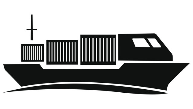 Minimalist Cargo Ship and Intermodal Freight Train Vector Icon. Black Silhouette Container Vessel and Railway Transport for Logistics, Global Shipping, Supply Chain, and Maritime Trade.