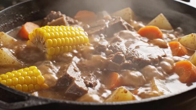 Steaming hot stew with chunks of beef, corn on the cob, carrots, and potatoes in a rich broth.