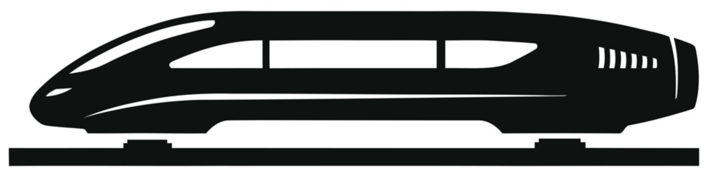 Minimalist Maglev Train Icon, Futurist Black Levitating Bullet Train Floating Above Track Vector Illustration Isolated on White Background