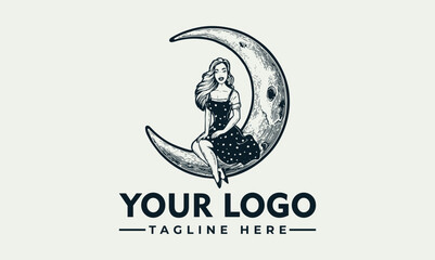 Woman Sitting on Crescent Moon Vector Logo Illustration Design © nuaari