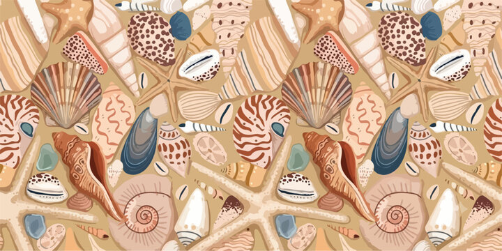 Nautical seamless pattern with beach seashells starfish marine snails and conch shells vector background