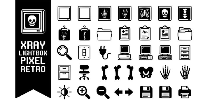 Retro Xray Lightbox Pixel Art Black White-Film Clip Bone Silhouette Room-Radiology Vector-Xray Icon Pixel-Medical Imaging Design Set