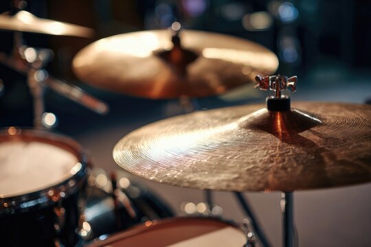 Close-up of brass cymbals and drums, stage setup, bokeh background, musical instruments