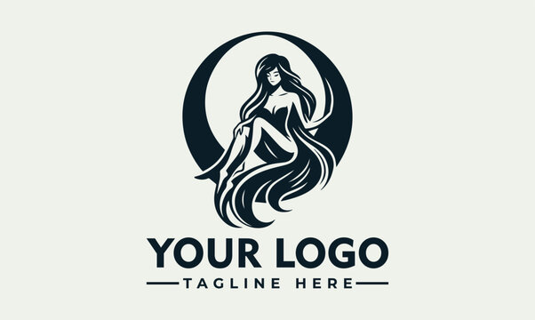 Mystical woman with long flowing hair in a crescent moon circle vector logo illustration
