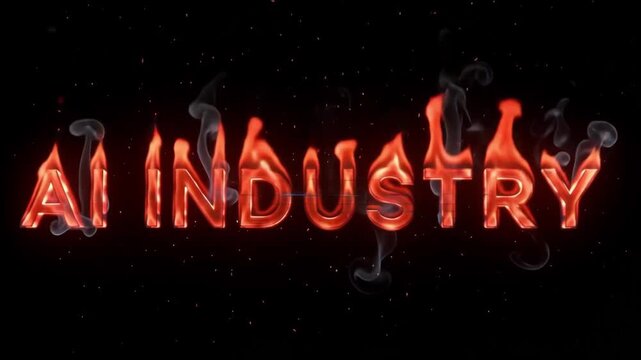 Ai industry text burning with intense bright orange flames and swirling grey smoke rising against a pitch black background creating a powerful cinematic motion video effect that captures the rapid evo