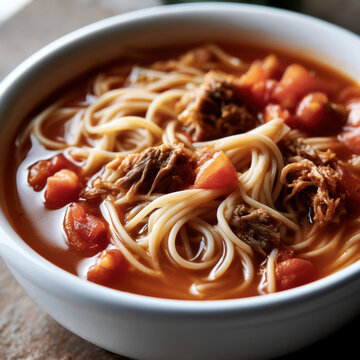 Hearty noodle soup with shredded beef, tomato, and rich broth in white bowl, comforting homemade meal for cold weather