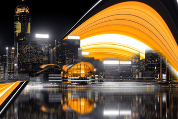 Fototapeta premium A futuristic cityscape at night with an archway made of luminous golden-orange light dominating the upper portion