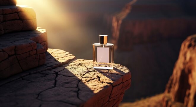 Elegant Glass Perfume Bottle Resting on Sunlit Desert Rock Ledge