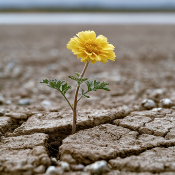 Yellow flower cracked soil desert resilience survival nature drought landscape hope growth arid environment