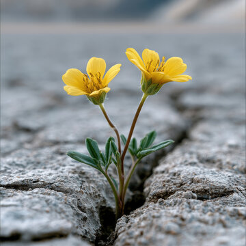 Yellow flower cracked soil desert resilience nature survival drought closeup green leaf dry ground