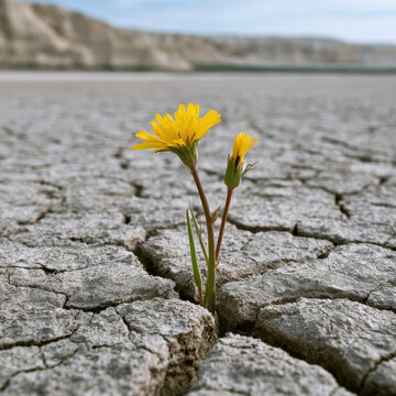 Yellow flower cracked soil desert resilience survival nature drought hope arid landscape. Yellow flower blooms through cracked desert soil