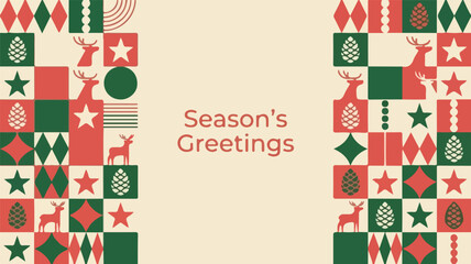 Season's Greetings geometric Christmas banner with red and green patchwork holiday patterns © Cont