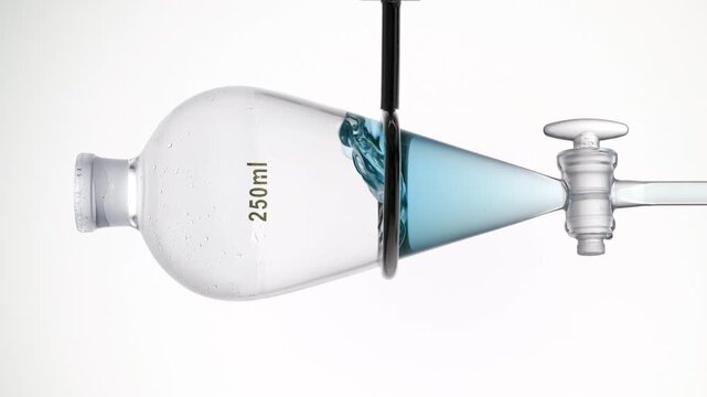 Detailed close-up of transparent blue fluid is injected into a separatory funnel, producing splashes within the liquid on a muted light gray surface | Menthol water cosmetic ingredient concept