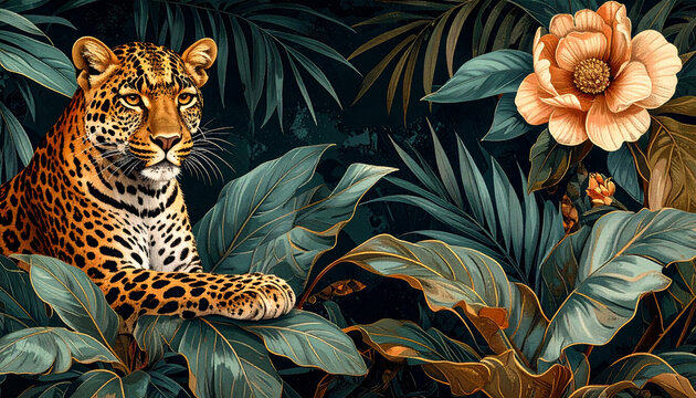 Elegant Leopard Among Tropical Leaves