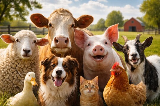 Happy farm animals posing together on sunny countryside meadow with barn and rural family atmosphere