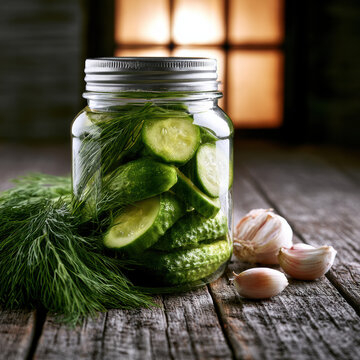 Homemade pickled cucumber in glass jar with fresh dill and garlic on rustic wooden table, cozy warm light background