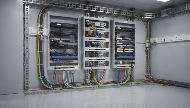 Medium shot of hospital telecom room highlighting wellorganized structured cabling and wallmounted network frames focusing on critical healthcare communication systems.