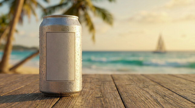 Lata refrescante en playa tropical para campa&ntilde;as publicitarias de verano.