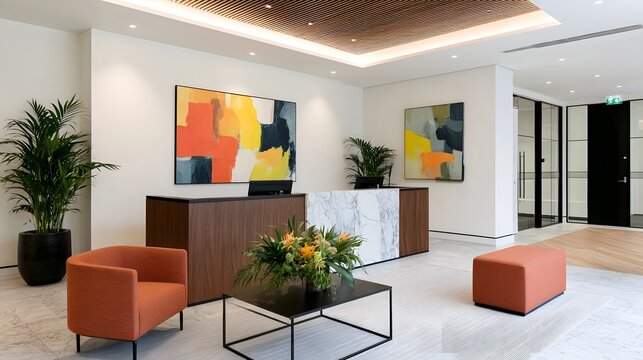 A streamlined and professional reception area featuring modern artwork that evokes collabo n and high  business aesthetics