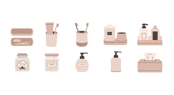 Minimalist illustration of bathroom toiletries and hygiene products in pastel tones, including soap, toothbrushes, lotion, and tissue box, perfect for personal care or beauty themes