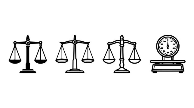 Scales Icon Set in Black Silhouette Style for Justice Concept Design and Balance Symbolism Illustration