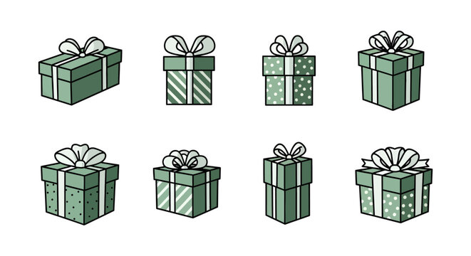Set of cartoon gift boxes with ribbons and bows, celebration decoration, festive presents, colorful wrapping paper, party supplies, holiday merchandise, gift concept
