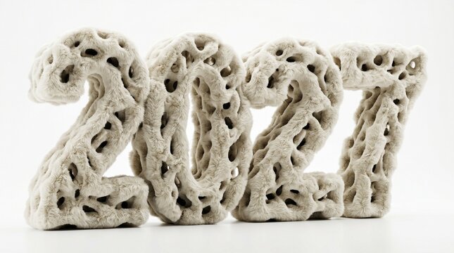Three-dimensional sculptural number 2027 with a porous sponge-like texture white background sculpture creative anniversary decoration isolated background minimalist abstract celebration