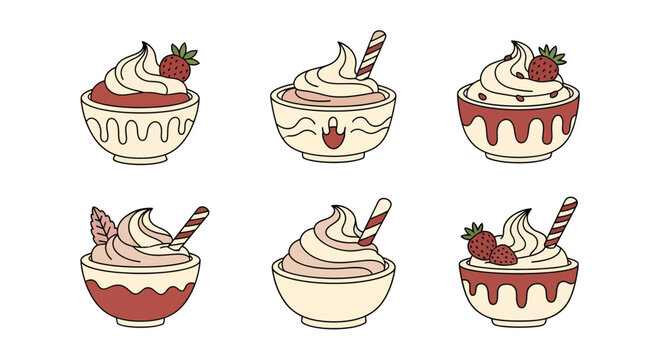Cute hand-drawn dessert bowls with whipped cream, strawberries, and chocolate toppings, perfect for sweet treats, bakery, cafe, or confectionery themes, digital art