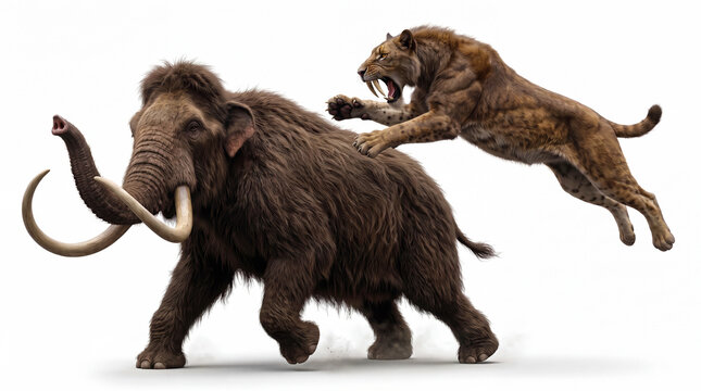 Homotherium latidens hunting a woolly mammoth, displaying natural predatory behavior and accurate anatomy in a detailed scientific paleomammal reconstruction isolated on white background