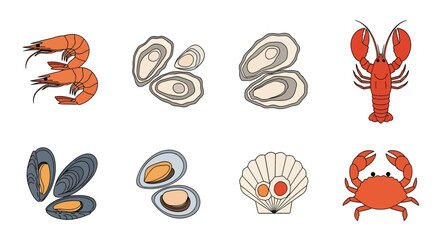 Obraz premium Seafood Illustration with Shrimp Lobster Clams Mussels Shells and Crab for Seafood Market Advertising and Culinary Design