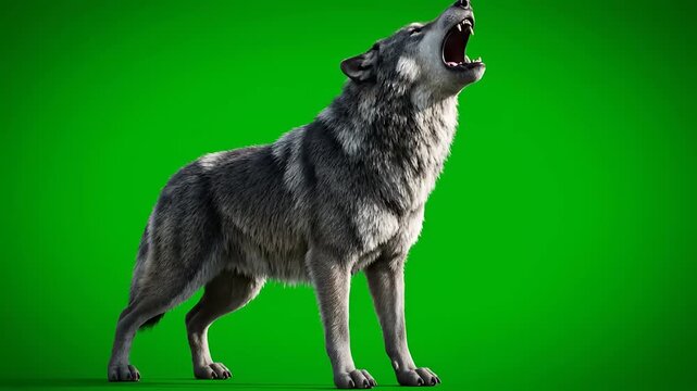 A majestic wolf howls on a vibrant green screen background.