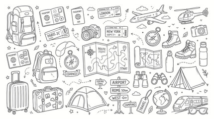 Fototapeta premium Travel and Adventure Doodle Set with Backpacks, Maps, and Outdoor Gear.
