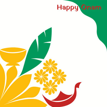 Expressive paper-cutout Onam with rhythmic payasam bowl, leaping kanikonna flowers, dynamic asymmetry for harvest celebration poster