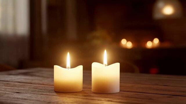 Softly glowing candles on a rustic wooden table create a warm and inviting atmosphere. Ideal for relaxation, ambiance, and cozy settings