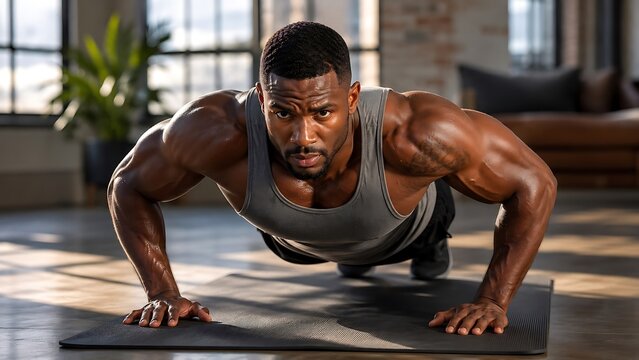 Muscular Black man doing push-ups on a mat in a modern gym