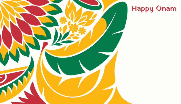 Onam wide illustration with chromatic harmony, boat race, leaf green palette, visual rhythm for web use