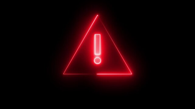 Neon glowing warning sign animation with exclamation mark inside a rotating pink and red triangle on a black background.