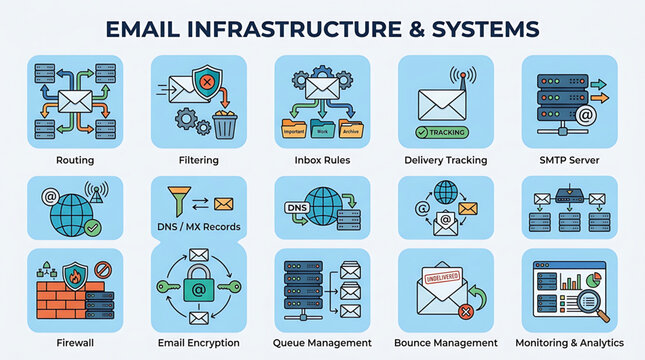 The email infrastructure system includes routing, filtering, and delivery tracking on a computer.