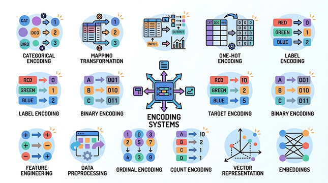 The illustration shows various encoding systems and techniques used in technology for data representation and transformation.